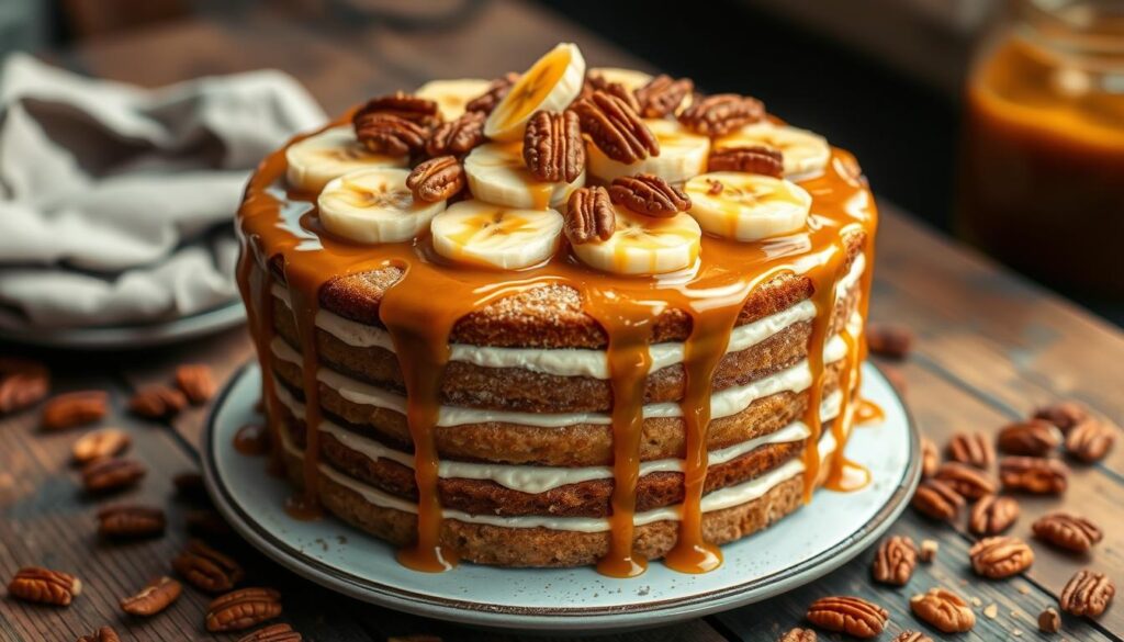 Banana Pecan Caramel Layer Cake