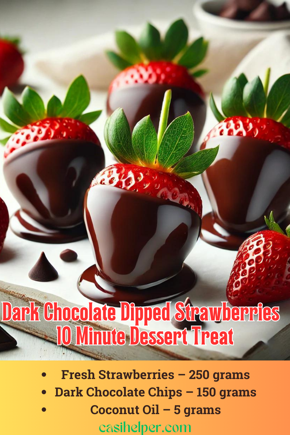 Indulge in this easy and elegant dessert! These dark chocolate dipped strawberries are the perfect balance of rich and sweet, ready in just 10 minutes. Perfect for a romantic treat, party platter, or a guilt-free snack! Get the recipe now and enjoy this simple yet satisfying dessert.