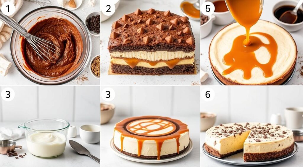 Cheesecake with caramel brownie,delicious cheesecake recipe,homemade caramel brownie cheesecake,easy dessert ideas